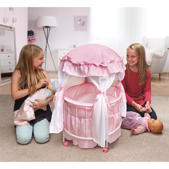 Badger Basket Pink & White Royal Pavilion Round Doll Crib with Canopy & Bedding